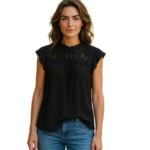 ADRIENNE VITTADINI Women’s Black Blouse Small High-Neck Lace Short Slv Office